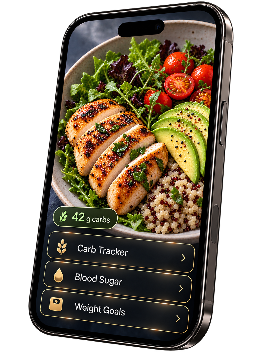 Premium smartphone displaying a fresh meal with Carb Tracker, Blood Sugar, and Weight Goals